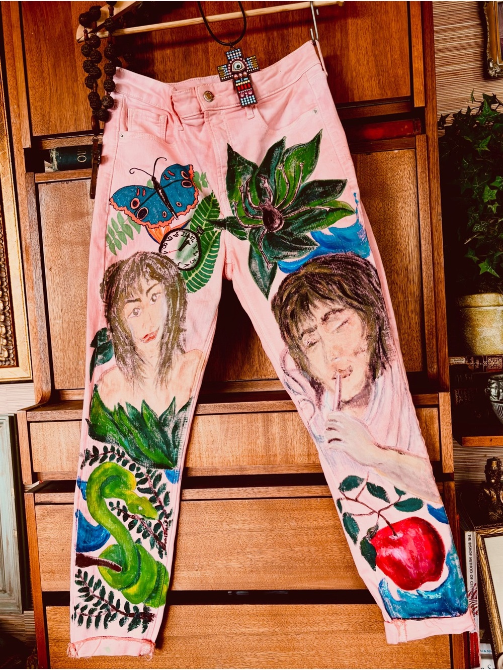 Hand Painted Adam and Eve Garden of Eden Pink Denim Jeans Artwear 8 cropped OOAK